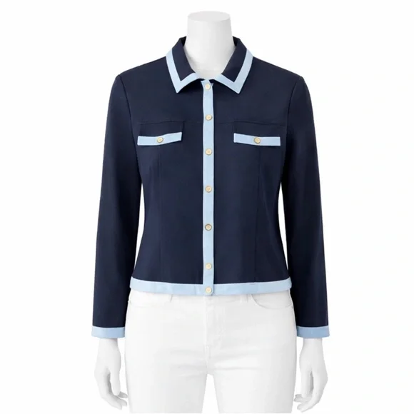 St. John Sport Navy Cotton Jacket & Pants Set Gold Buttons Trim Size M / 10 USA - Picture 2 of 12